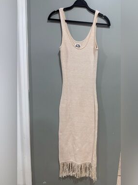 Sleeveless Cream Maxi Knit Dress with Fringe Hem
